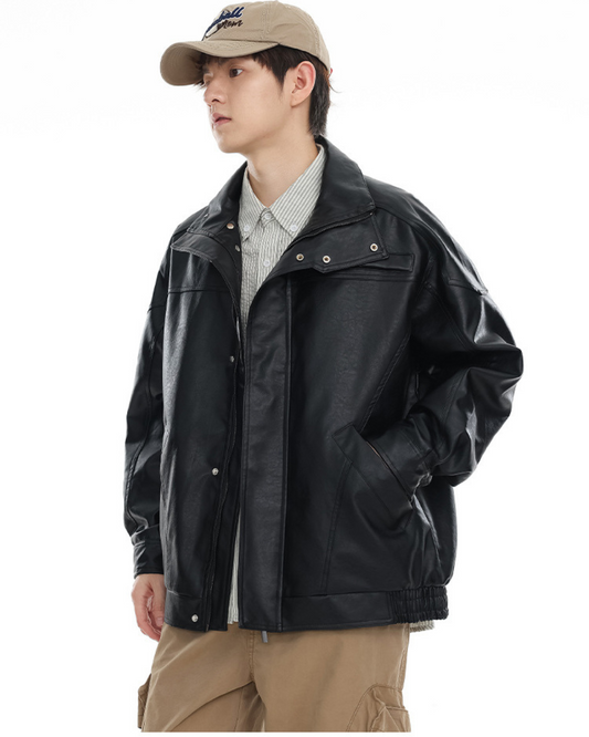 American Retro PU Leather Motorcycle Jacket In Black