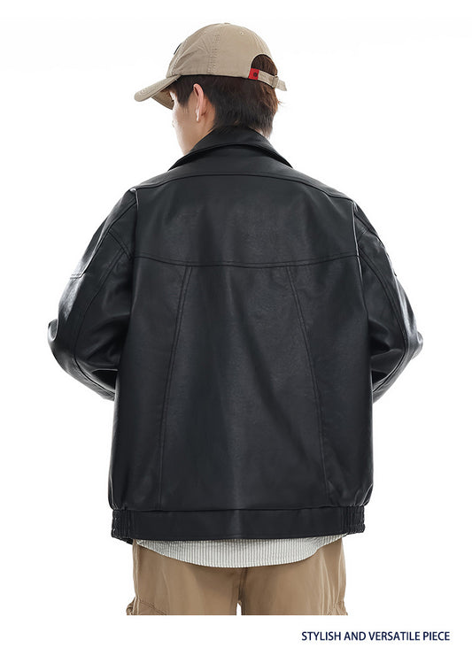 American Retro PU Leather Motorcycle Jacket In Black