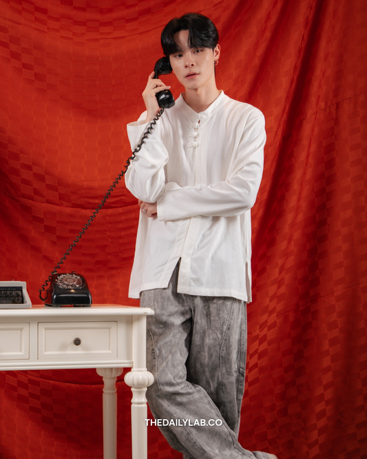 Vintage Mandarin Linen Shirt in White