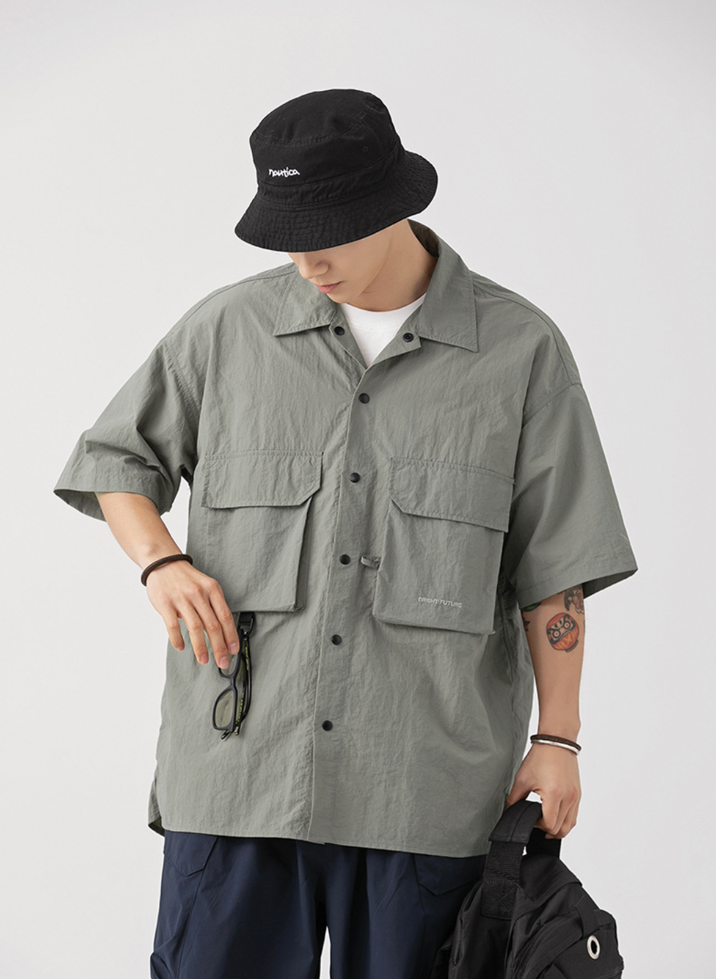 Nylon Cargo Buttoned Shirt in Ash Green (Size M & XXL)