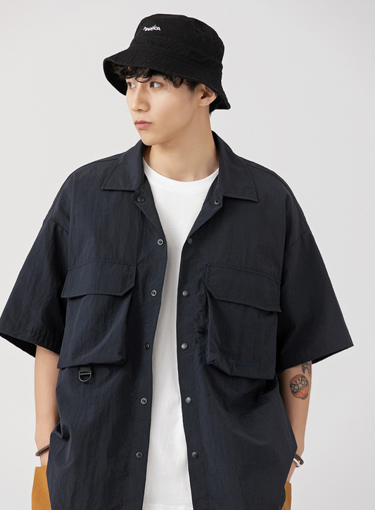 Nylon Cargo Buttoned Shirt in Dark Blue (Size M)