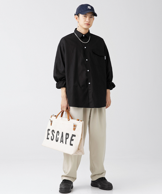 Cotton Buttoned Oversized Shirt in Black