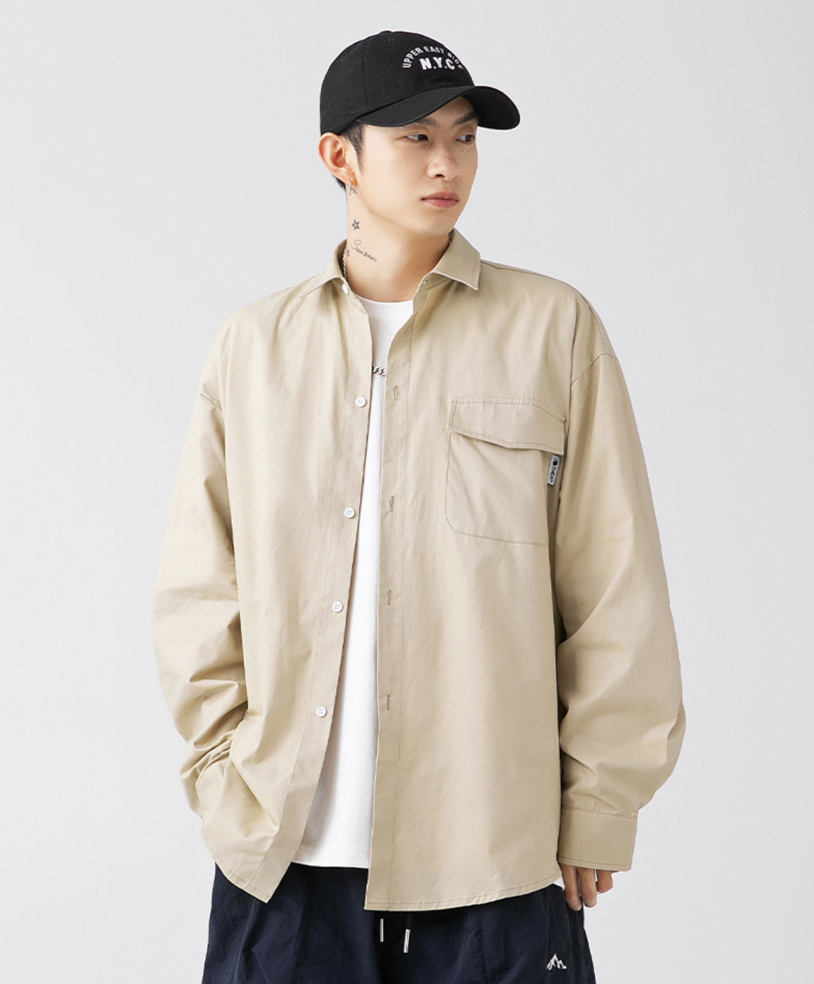Cotton Buttoned Oversized Shirt in Beige