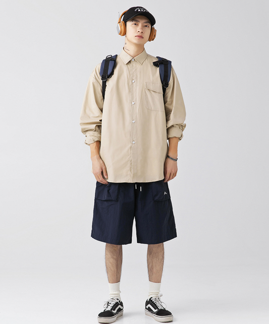 Cotton Buttoned Oversized Shirt in Beige