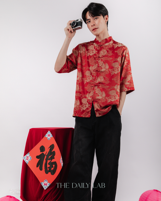 Vintage Jacquard Tang Suit Shirt in Red